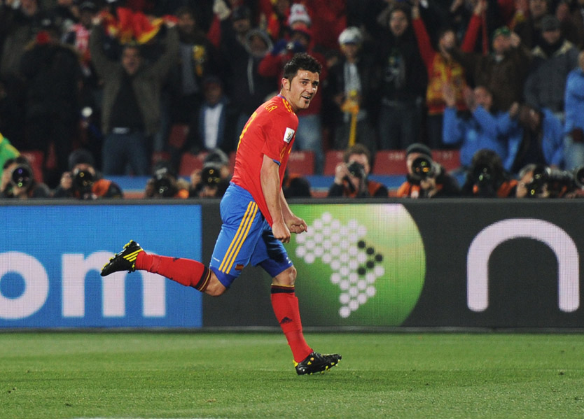 Spain striker David Villa celebrates after opening the scoring against Honduras.